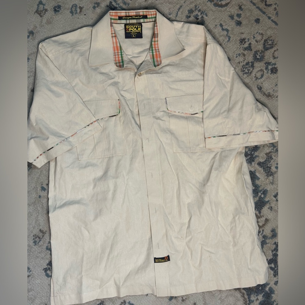 South Pole tan and cream short sleeve button-up shirt